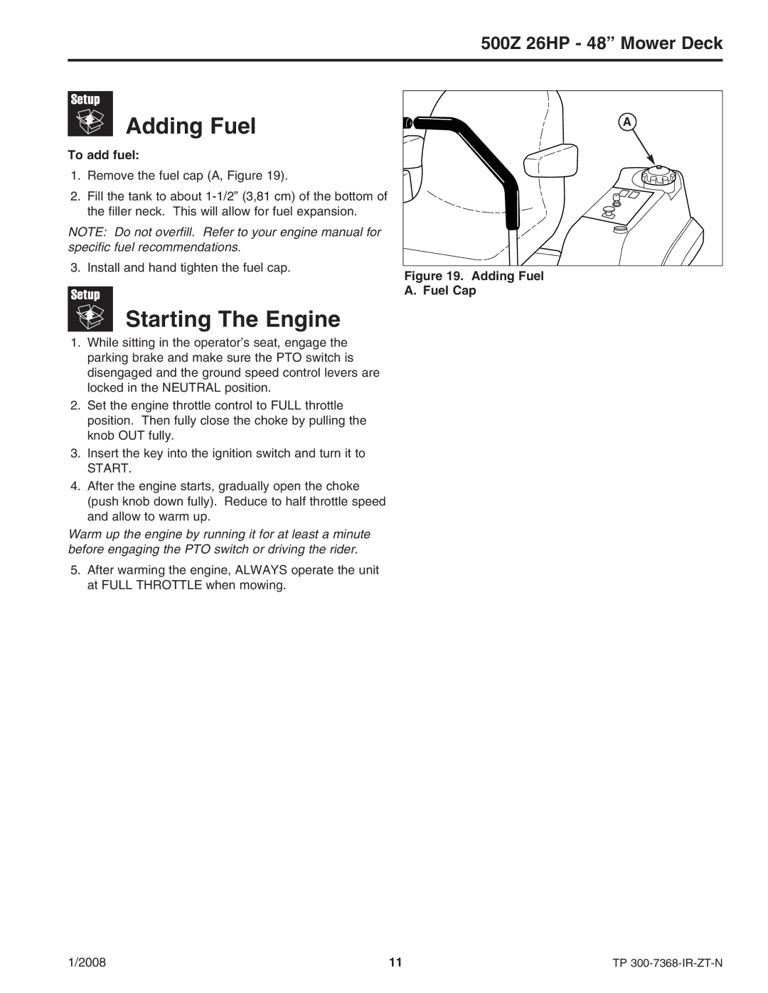 Briggs & Stratton 500Z - 26 manual Adding Fuel, Starting The Engine, To add fuel, Fuel Cap 