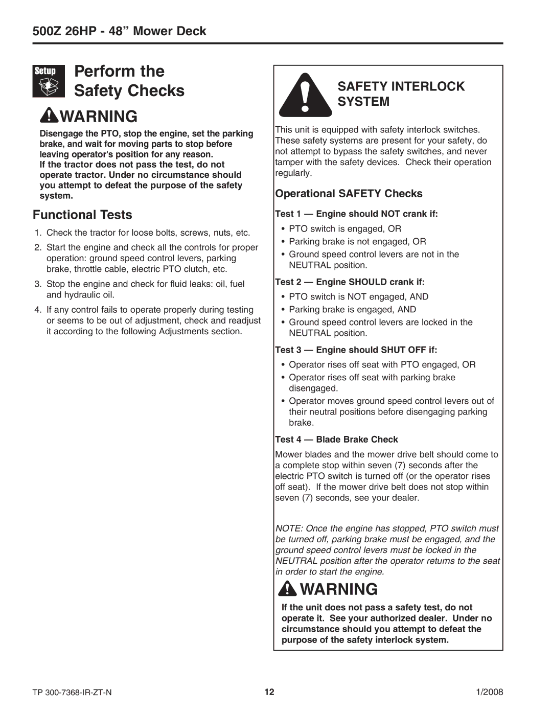 Briggs & Stratton 500Z - 26 manual Perform Safety Checks, Functional Tests 