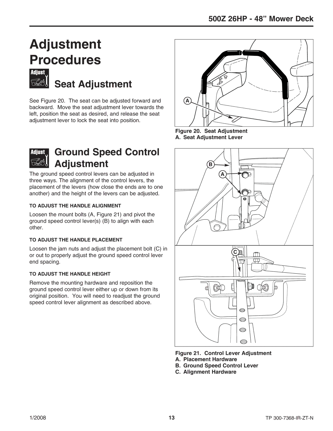 Briggs & Stratton 500Z - 26 manual Ground Speed Control Adjustment, Seat Adjustment Lever 