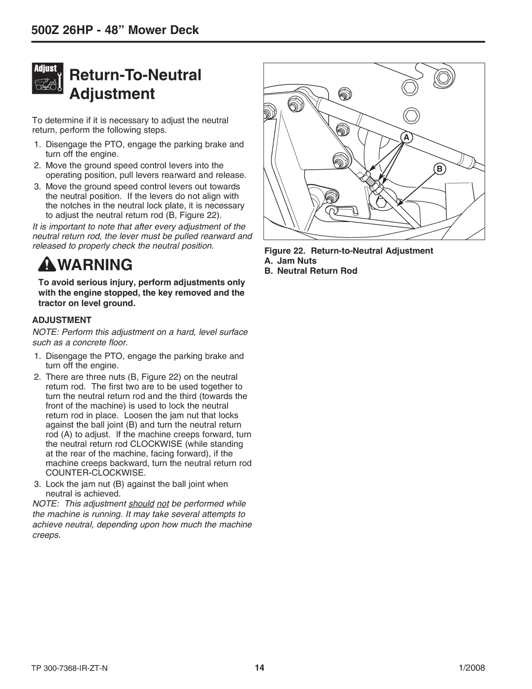 Briggs & Stratton 500Z - 26 manual Return-To-Neutral Adjustment, Return-to-Neutral Adjustment Jam Nuts Neutral Return Rod 