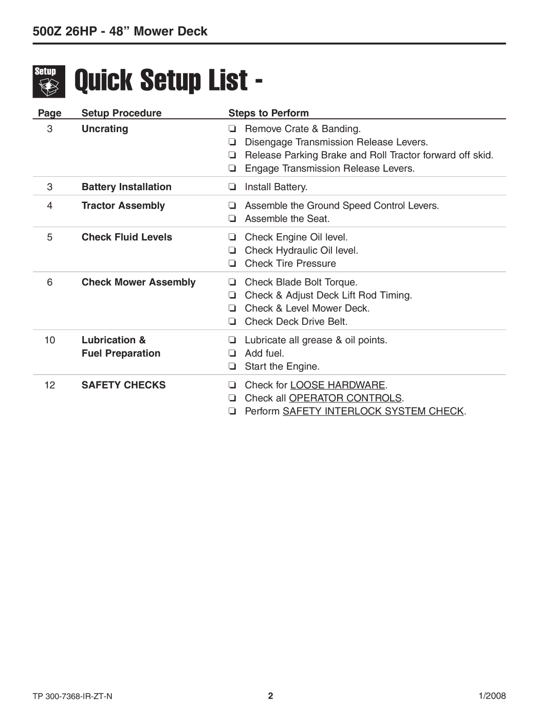 Briggs & Stratton 500Z - 26 manual Quick Setup List, 500Z 26HP 48 Mower Deck 