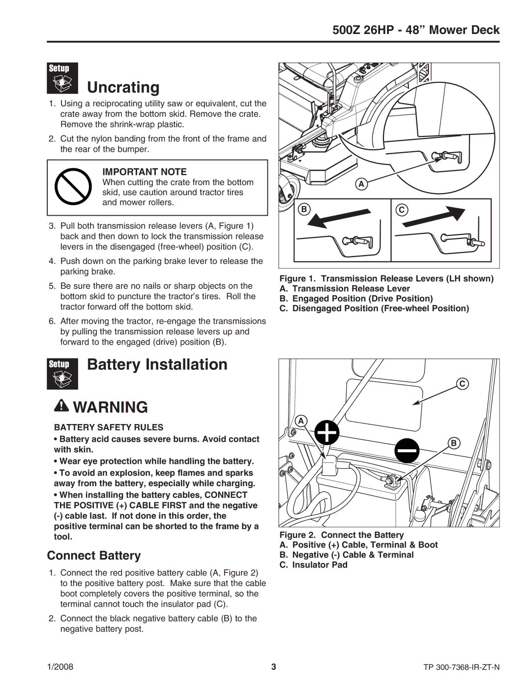 Briggs & Stratton 500Z - 26 manual Uncrating, Battery Installation, Connect Battery, Transmission Release Lever 