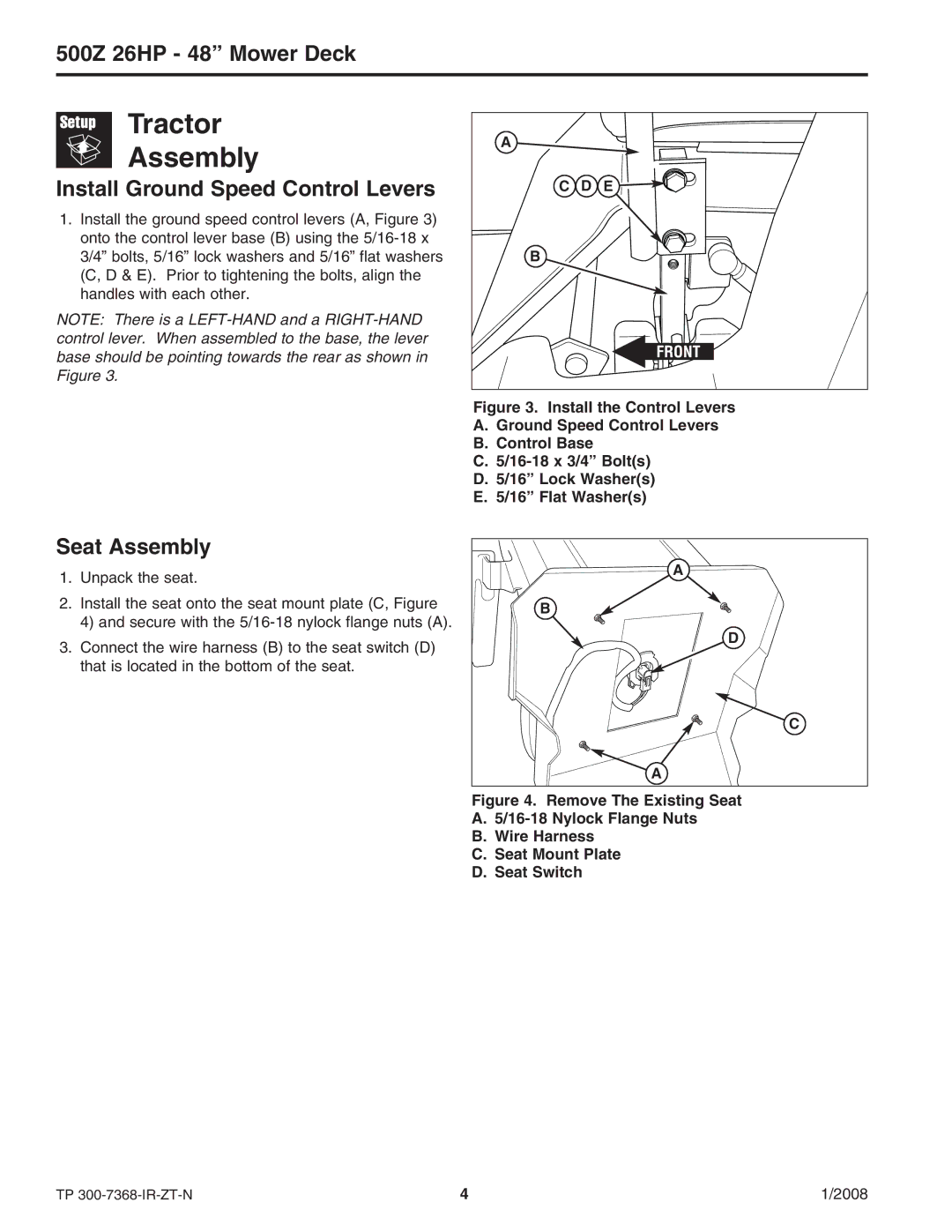 Briggs & Stratton 500Z - 26 manual Tractor Assembly, Install Ground Speed Control Levers, Seat Assembly 