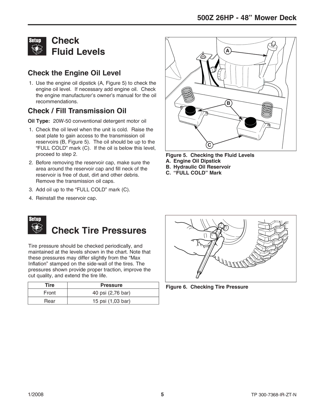 Briggs & Stratton 500Z - 26 manual Check Fluid Levels, Check Tire Pressures, Check the Engine Oil Level 