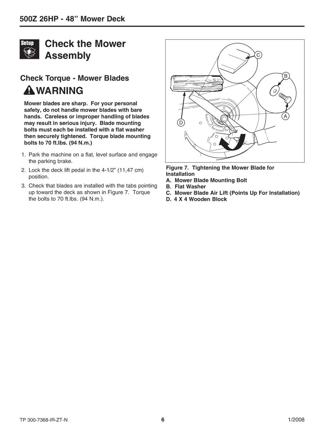 Briggs & Stratton 500Z - 26 manual Check the Mower Assembly, Check Torque Mower Blades 