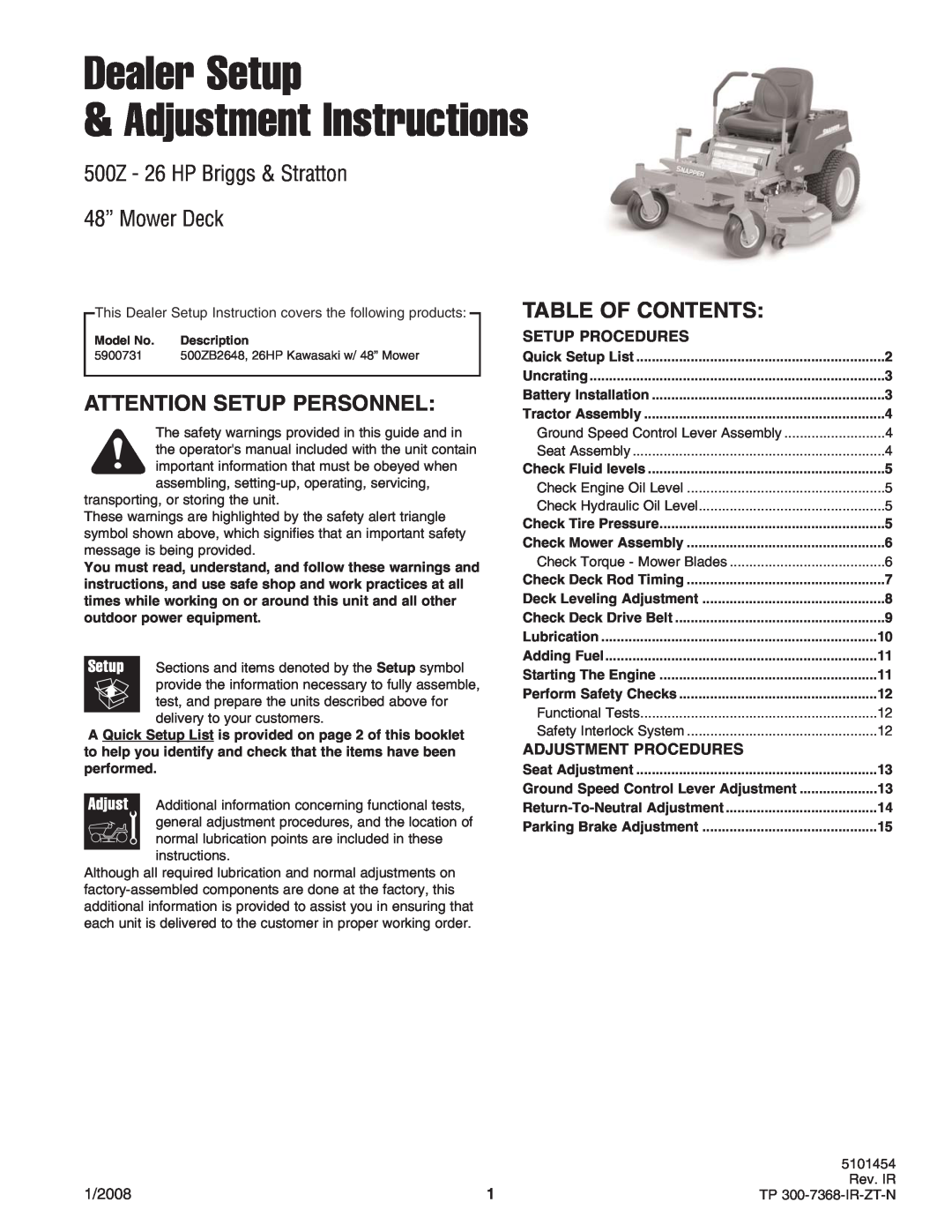 Briggs & Stratton 500Z - 26 manual Attention Setup Personnel, Table Of Contents, Dealer Setup Adjustment Instructions 