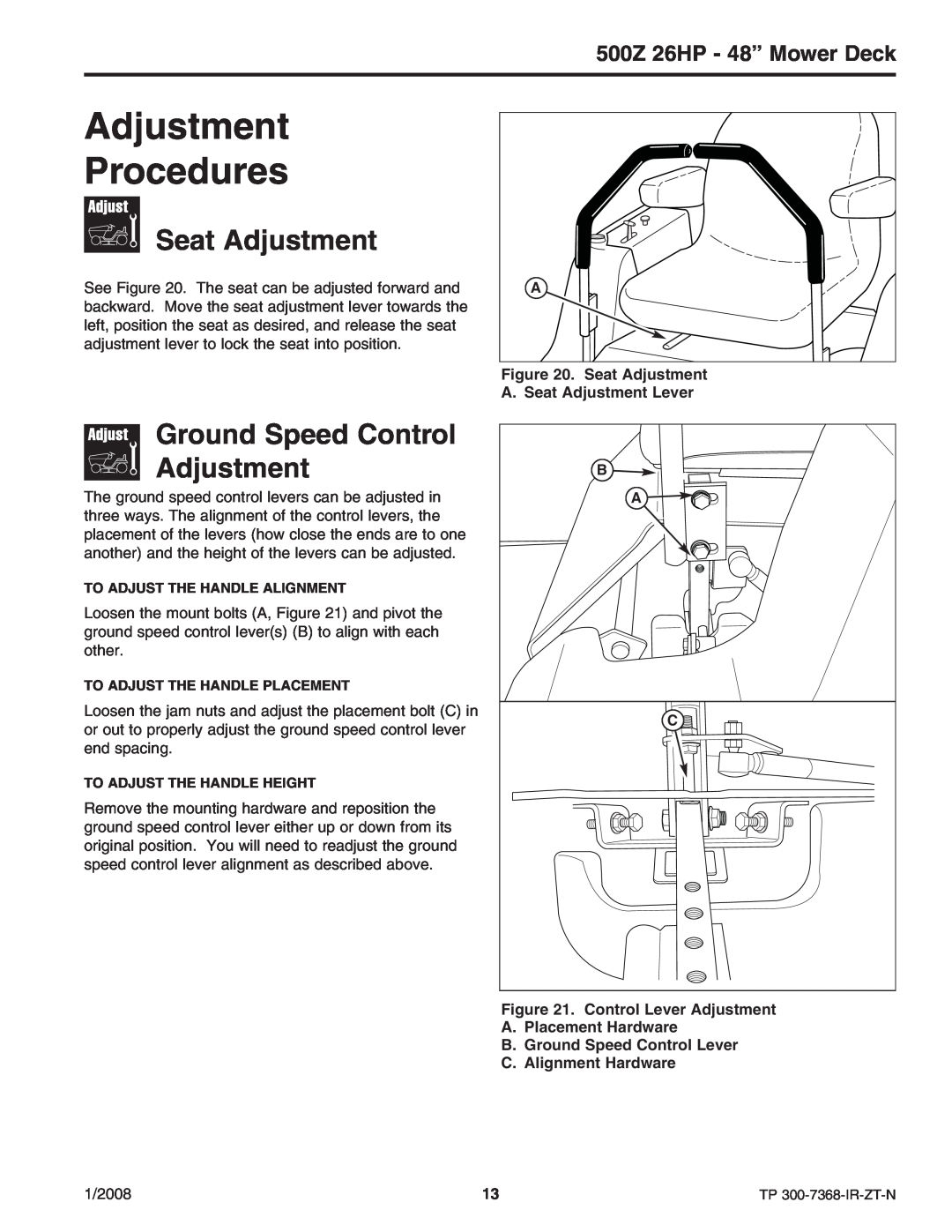 Briggs & Stratton 500Z - 26 manual Seat Adjustment, Ground Speed Control Adjustment, Procedures, 500Z 26HP - 48” Mower Deck 