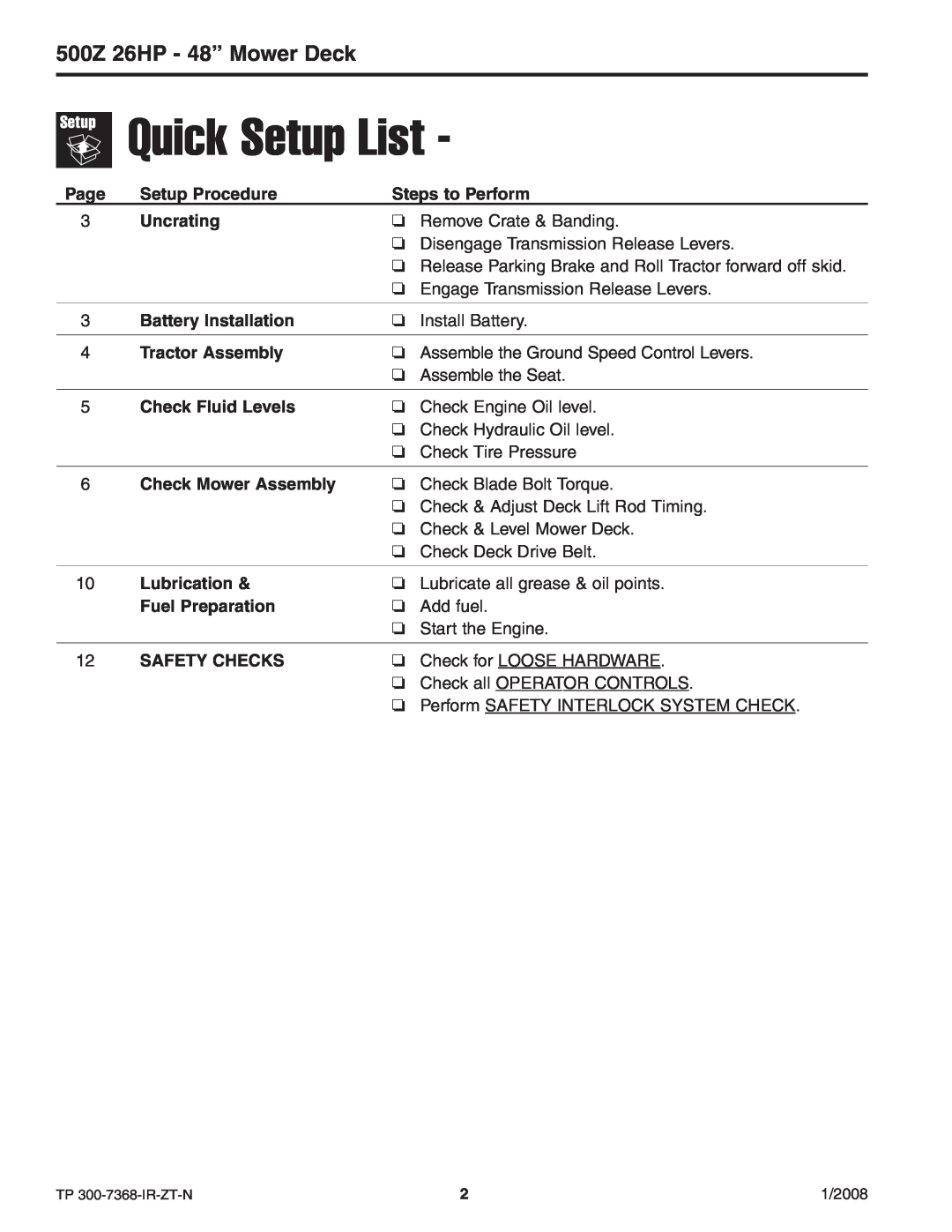 Briggs & Stratton 500Z - 26 manual 500Z 26HP - 48” Mower Deck, Quick Setup List 