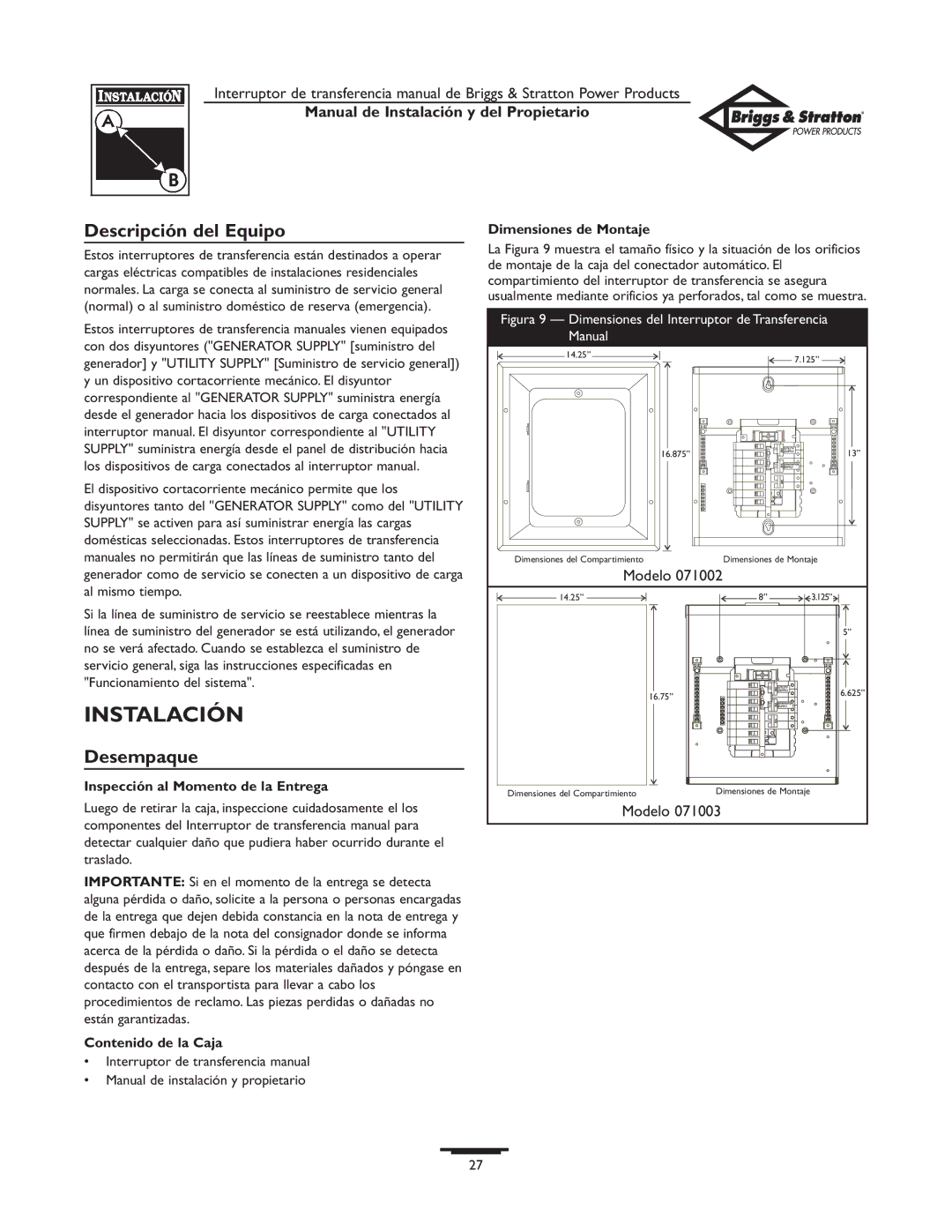 Briggs & Stratton 50A NEMA 1 owner manual Instalación, Descripción del Equipo, Desempaque 