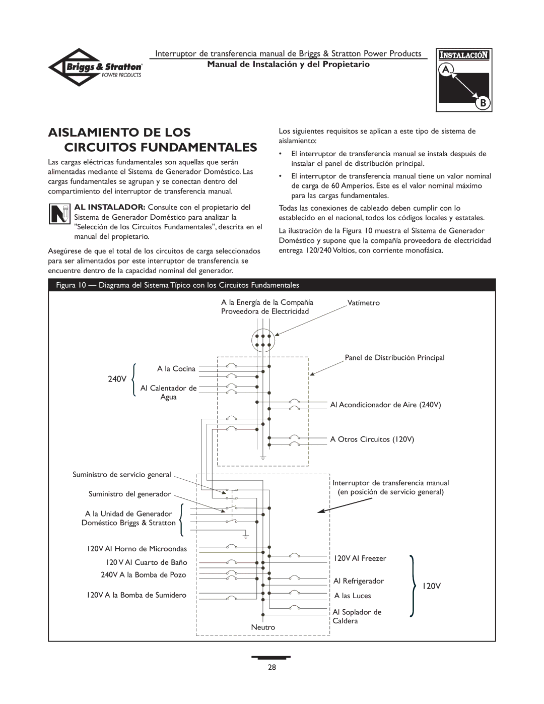 Briggs & Stratton 50A NEMA 1 owner manual Aislamiento DE LOS Circuitos Fundamentales 