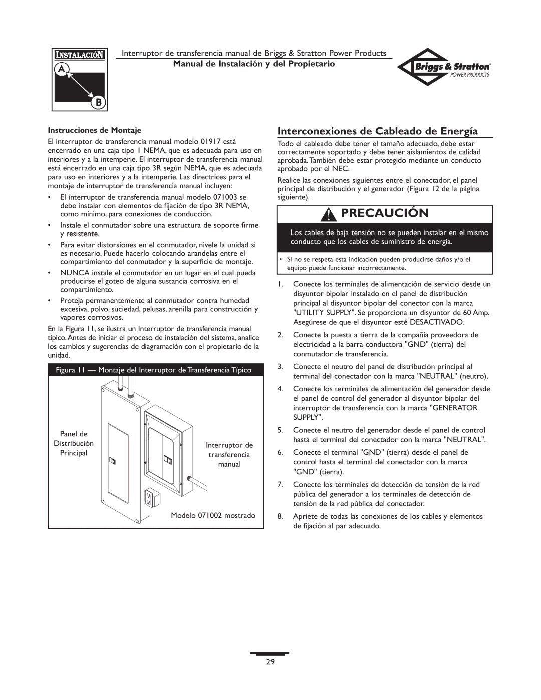 Briggs & Stratton 50A NEMA 1 owner manual Interconexiones de Cableado de Energía, Instrucciones de Montaje 