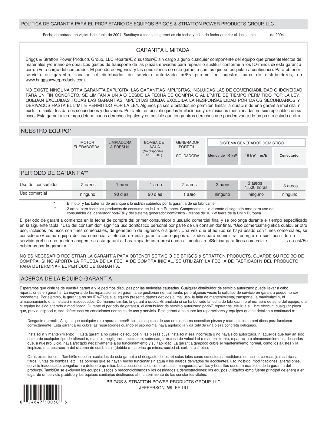 Briggs & Stratton 50A NEMA 1 owner manual Garantía Limitada 