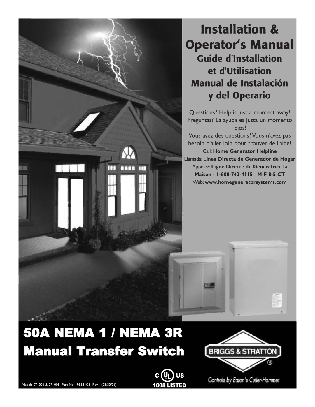 Briggs & Stratton 50A NEMA 3R manual 50A Nema 1 / Nema 3R Manual Transfer Switch 