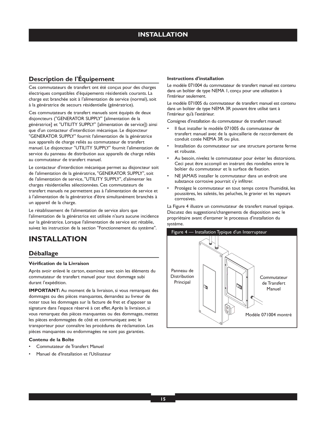 Briggs & Stratton 50A NEMA 3R manual Installation, Description de lÉquipement, Déballage 