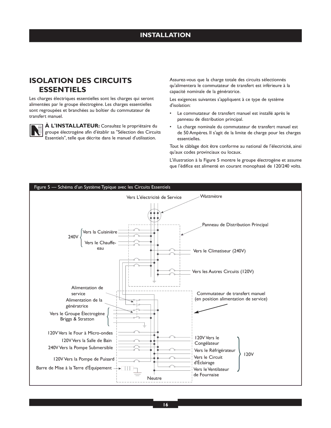 Briggs & Stratton 50A NEMA 3R manual Isolation DES Circuits Essentiels, Alimentation de la 