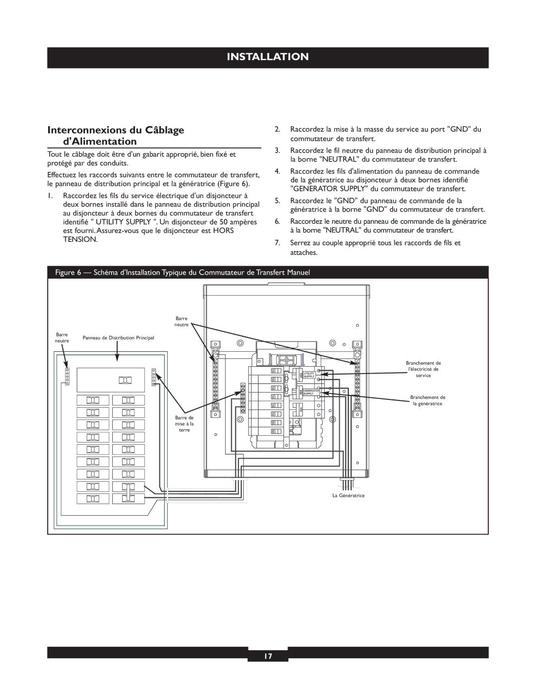 Briggs & Stratton 50A NEMA 3R manual Interconnexions du Câblage dAlimentation 