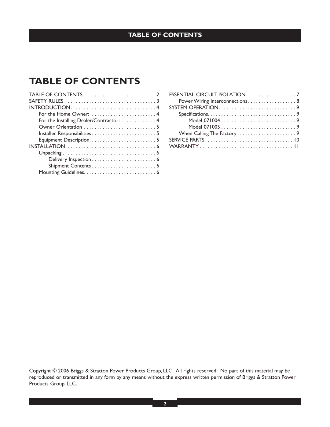 Briggs & Stratton 50A NEMA 3R manual Table of Contents 