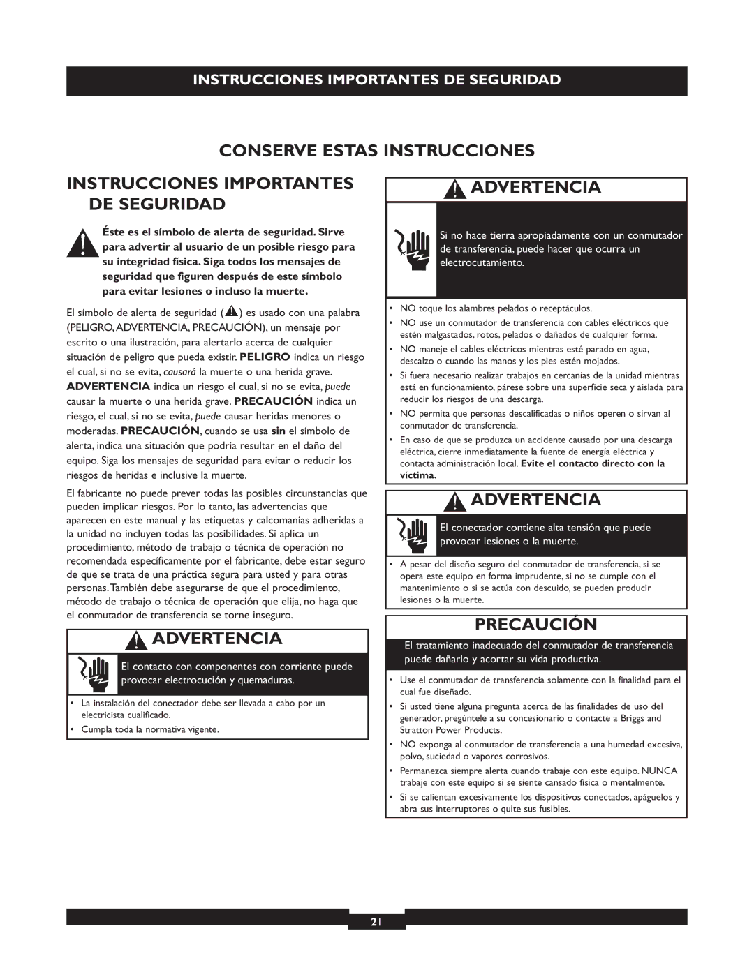 Briggs & Stratton 50A NEMA 3R manual Advertencia, Precaución 