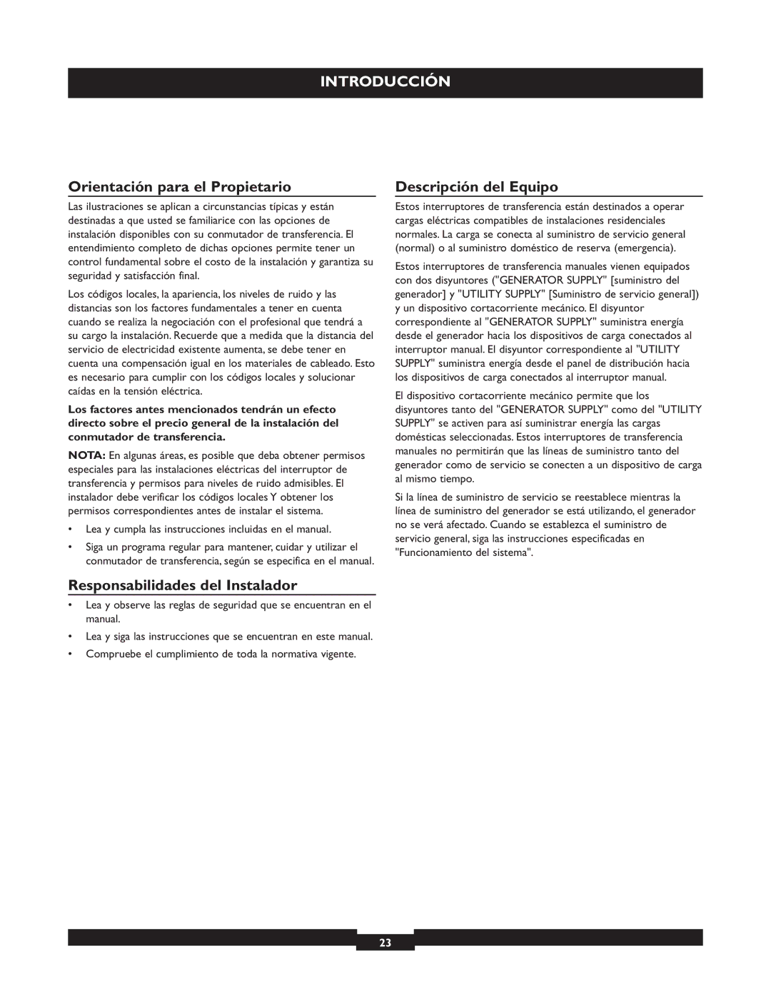 Briggs & Stratton 50A NEMA 3R Orientación para el Propietario, Descripción del Equipo, Responsabilidades del Instalador 