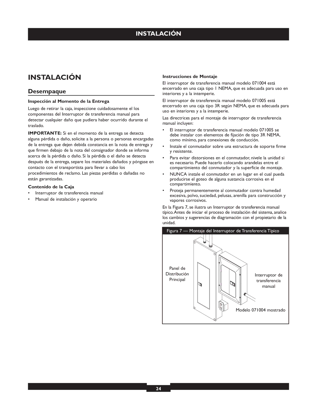 Briggs & Stratton 50A NEMA 3R manual Instalación, Desempaque 