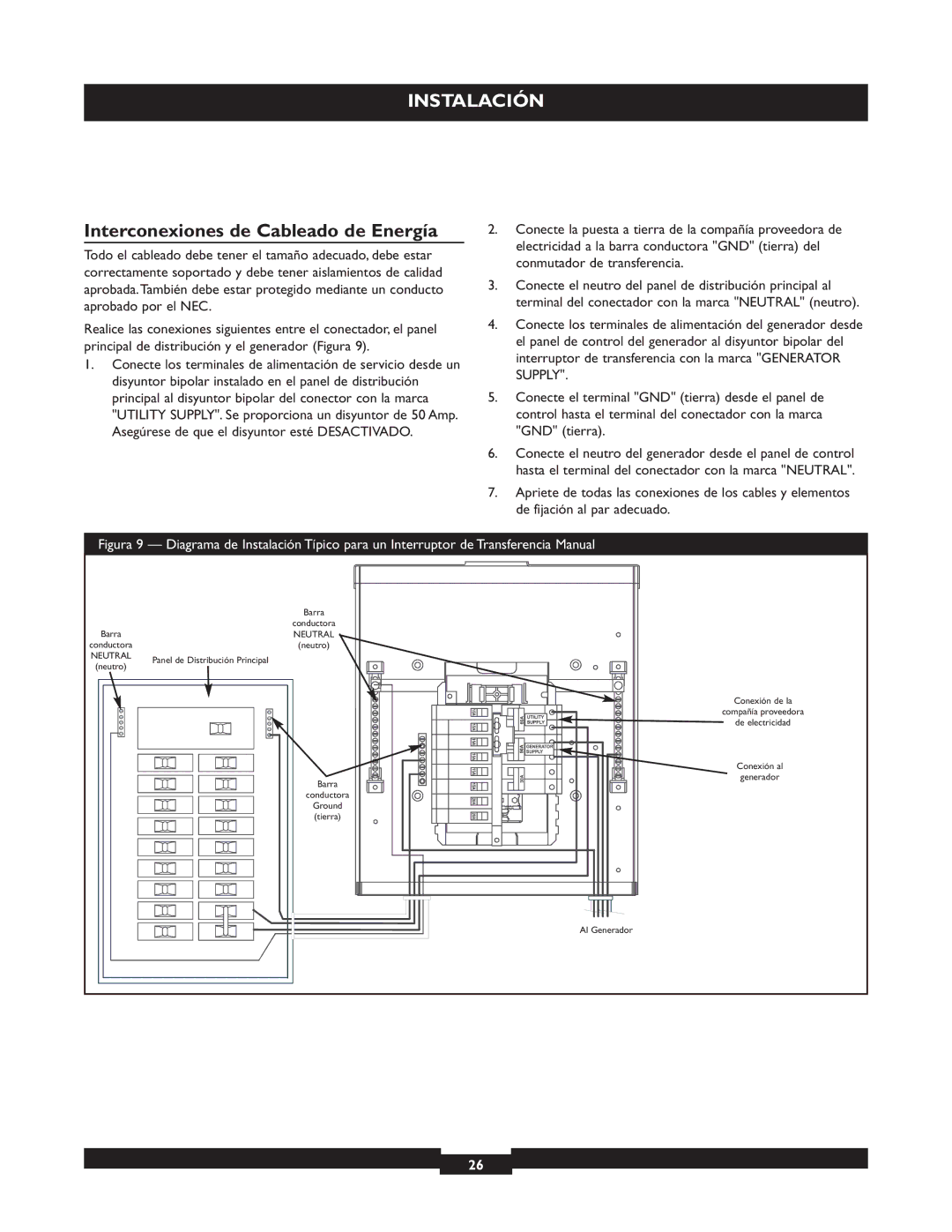 Briggs & Stratton 50A NEMA 3R manual Interconexiones de Cableado de Energía 