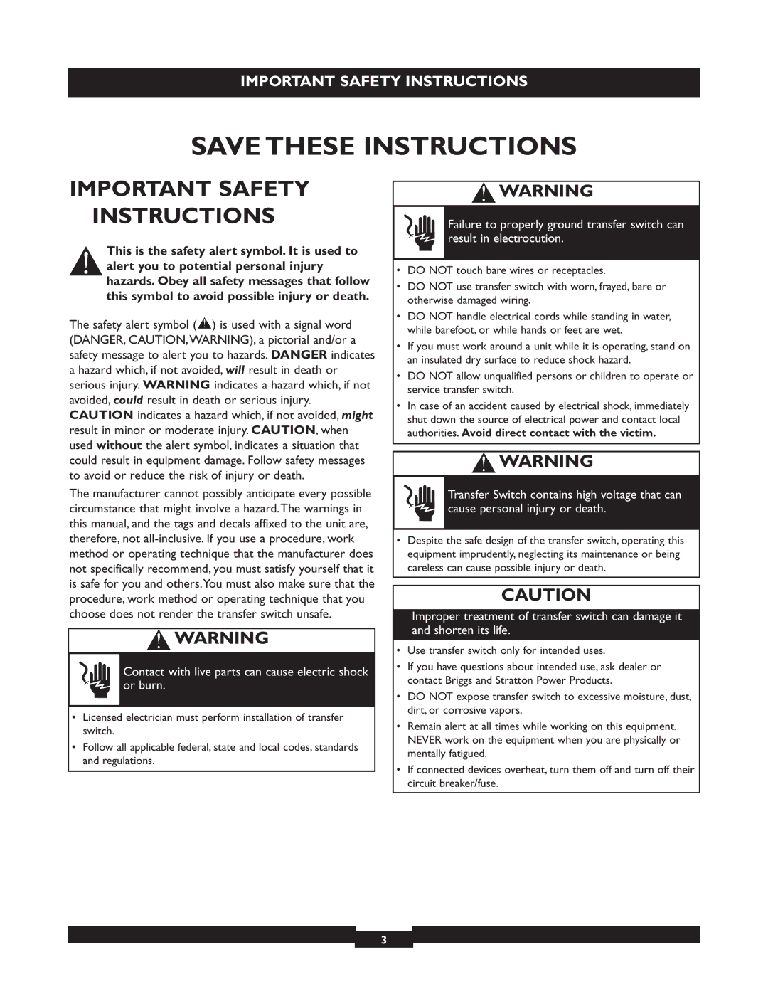 Briggs & Stratton 50A NEMA 3R Important Safety Instructions, Contact with live parts can cause electric shock or burn 