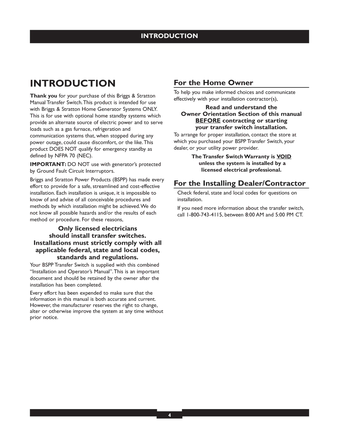 Briggs & Stratton 50A NEMA 3R manual Introduction, For the Home Owner, For the Installing Dealer/Contractor 