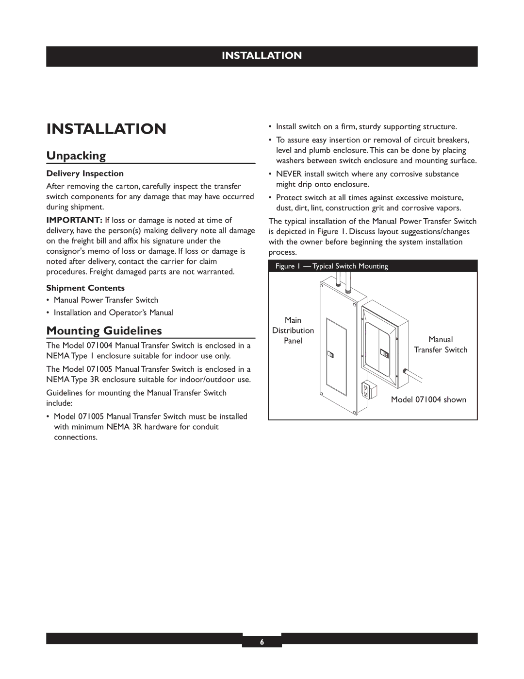 Briggs & Stratton 50A NEMA 3R manual Installation, Unpacking, Mounting Guidelines 