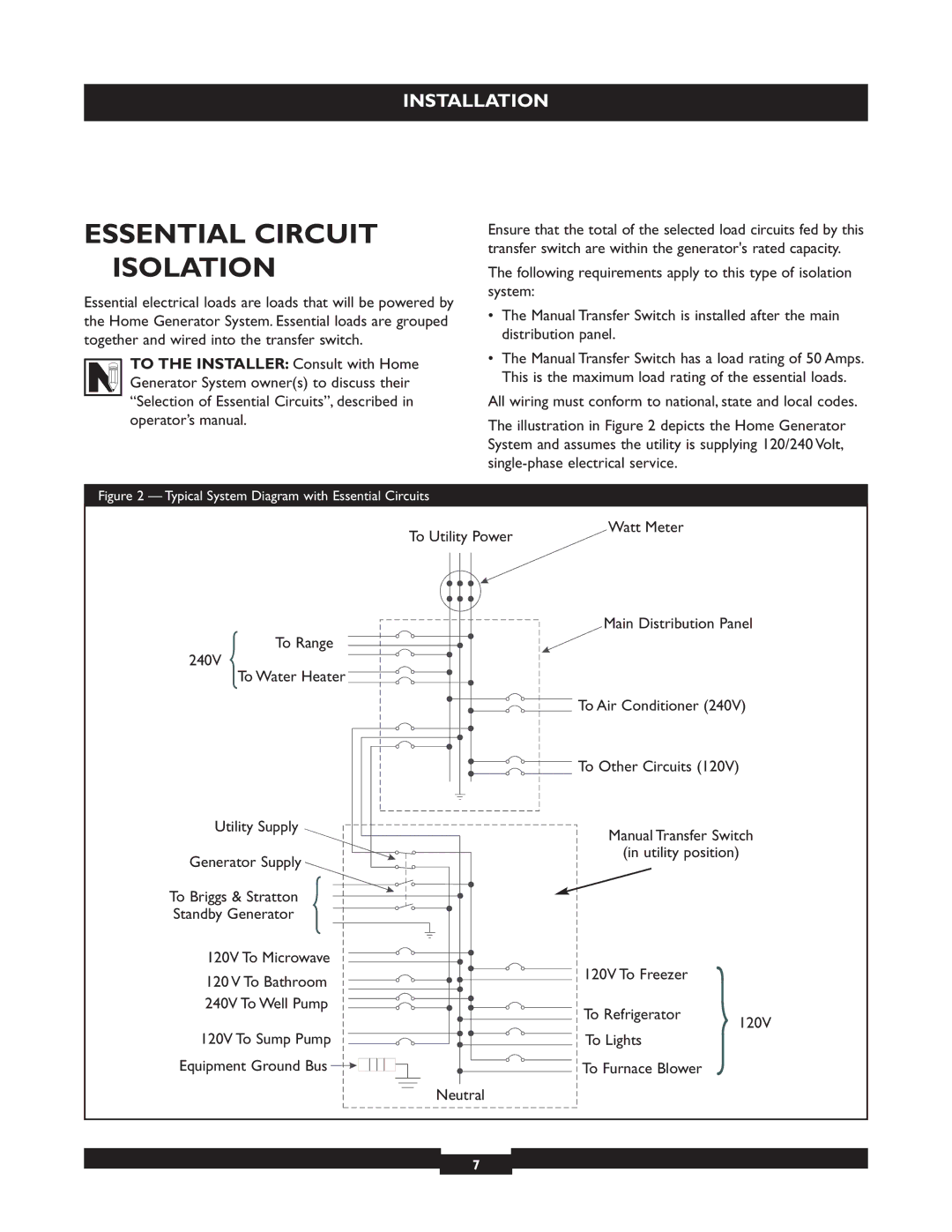 Briggs & Stratton 50A NEMA 3R manual Essential Circuit, Isolation 