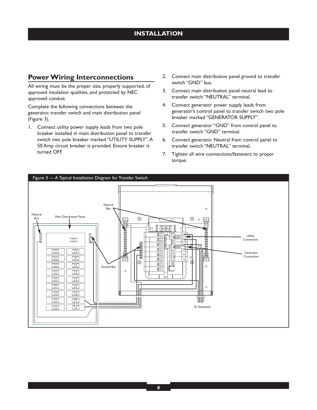 Briggs & Stratton 50A NEMA 3R manual Power Wiring Interconnections, Typical Installation Diagram for Transfer Switch 