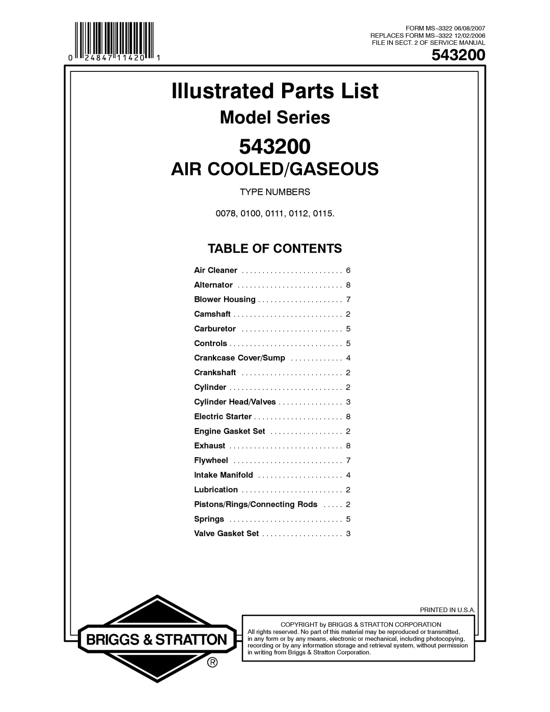 Briggs & Stratton 543200 service manual Illustrated Parts List 