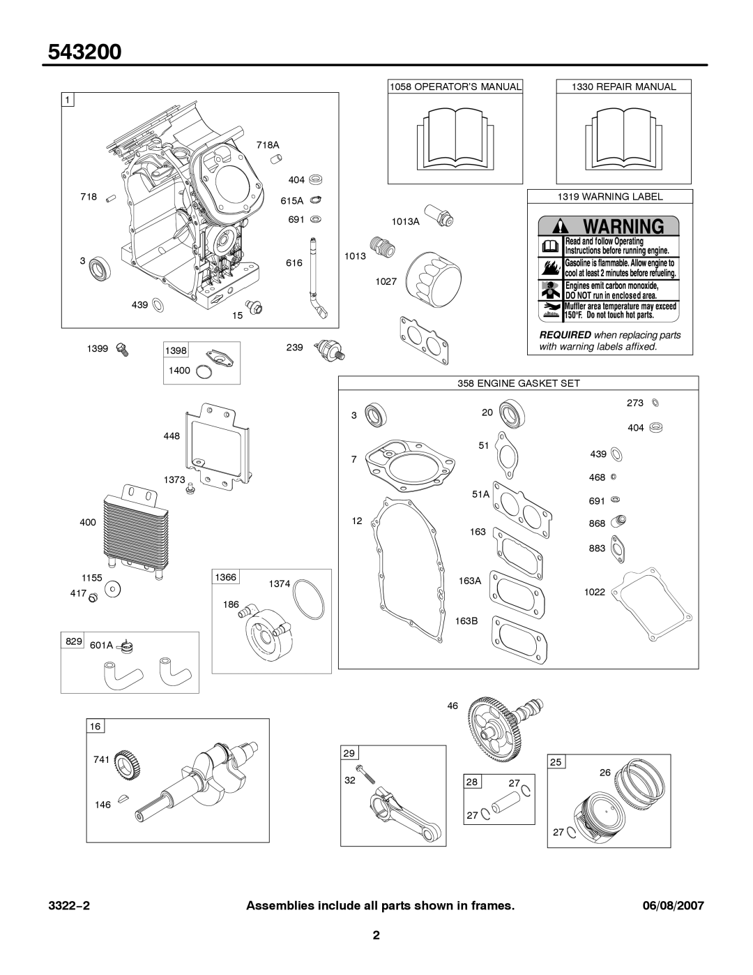 Briggs & Stratton 543200 service manual OPERATOR’S Manual Repair Manual, Engine Gasket SET 