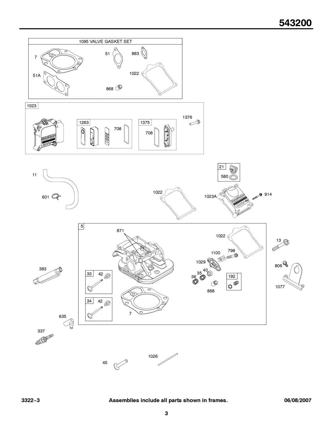 Briggs & Stratton 543200 service manual Valve Gasket SET 