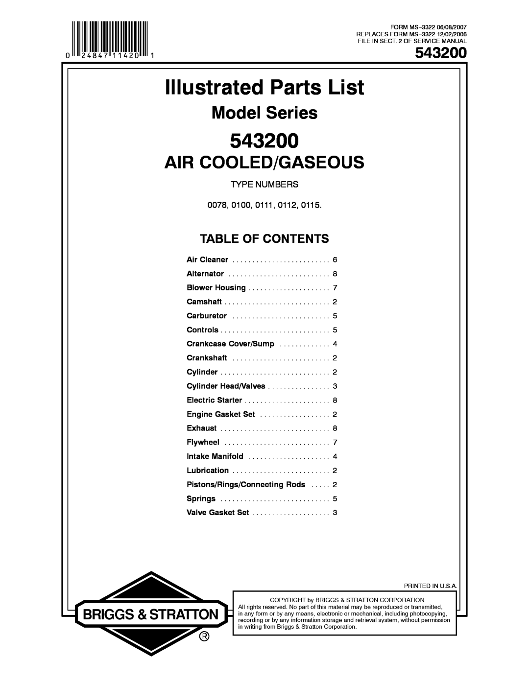 Briggs & Stratton 543200 service manual Illustrated Parts List, Model Series, Air Cooled/Gaseous, Table Of Contents 
