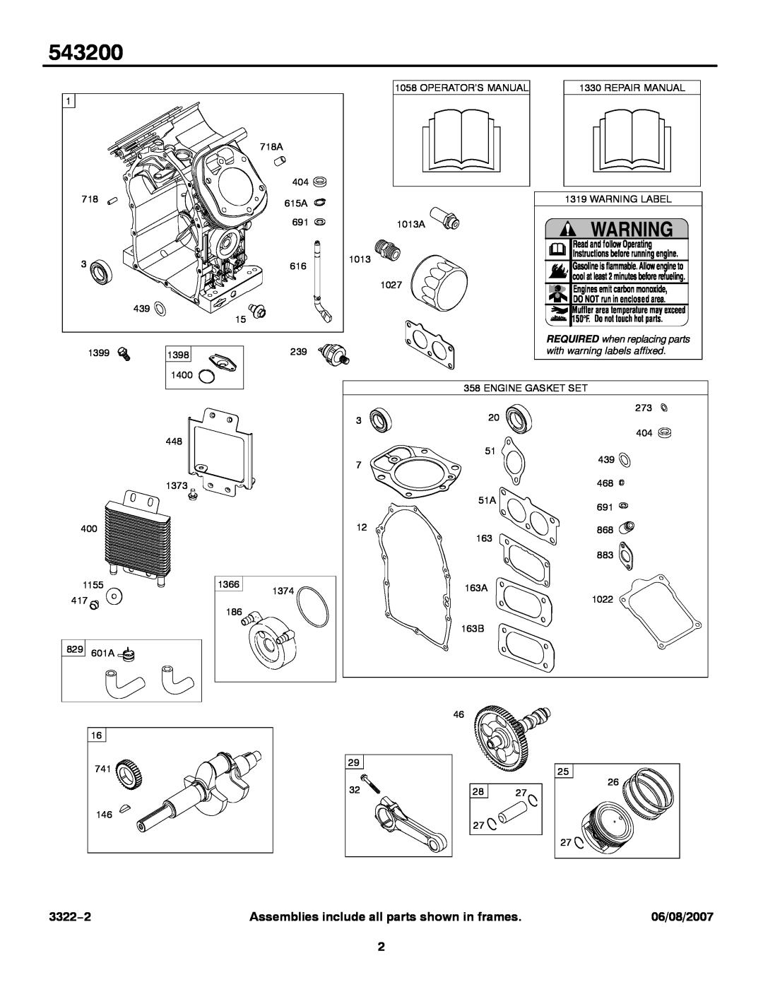 Briggs & Stratton 543200 3322−2, Assemblies include all parts shown in frames, 06/08/2007, with warning labels affixed 