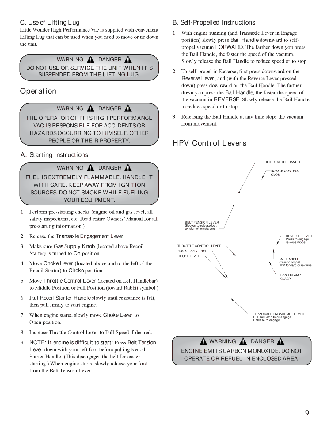 Briggs & Stratton 5621, 5631 HPV Control Levers, Use of Lifting Lug, Starting Instructions, Self-Propelled Instructions 