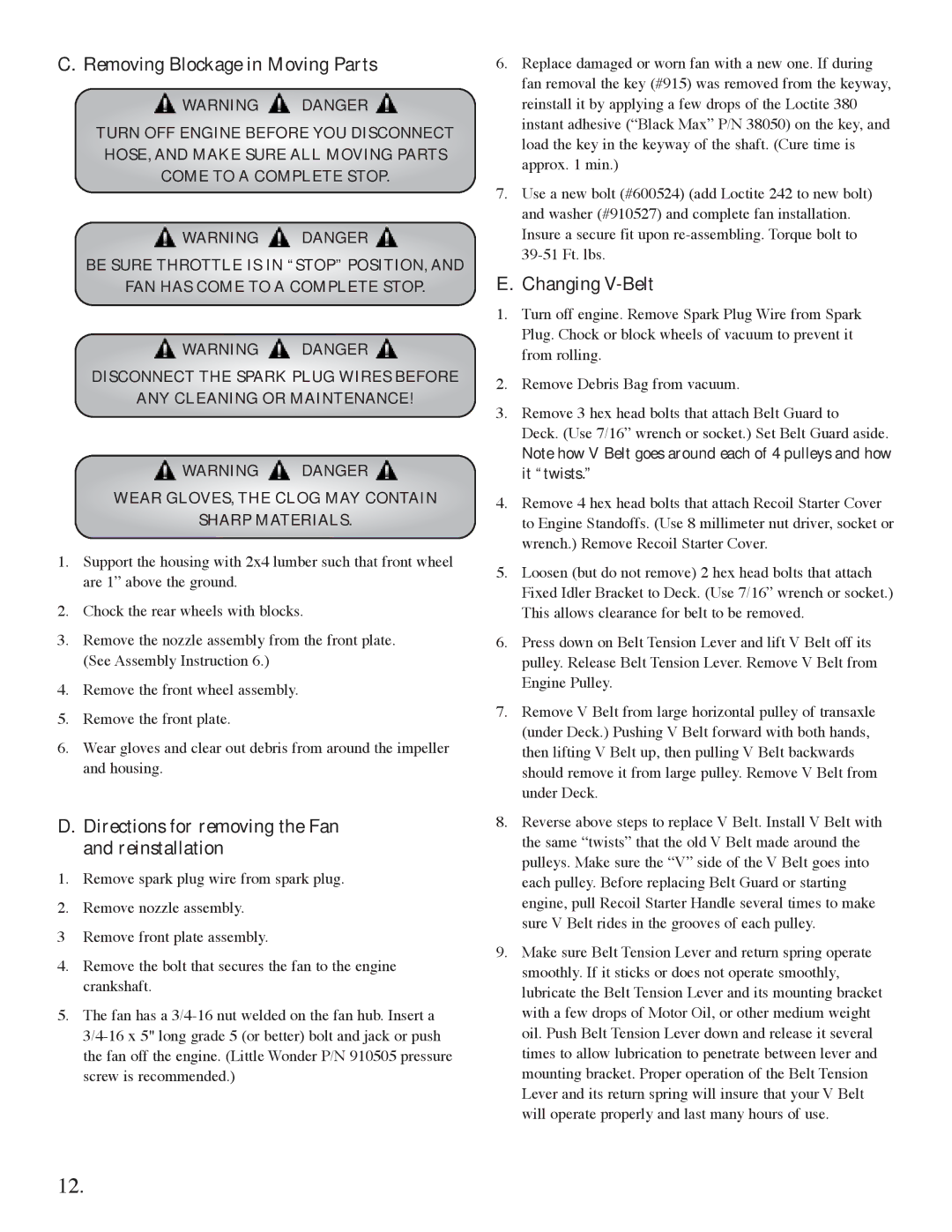 Briggs & Stratton 5631, 5621 manual Removing Blockage in Moving Parts, Directions for removing the Fan and reinstallation 