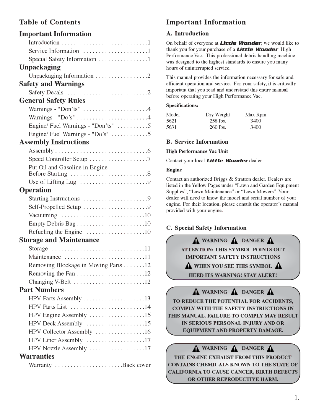 Briggs & Stratton 5621 Table of Contents Important Information, Unpackaging, Safety and Warnings, General Safety Rules 