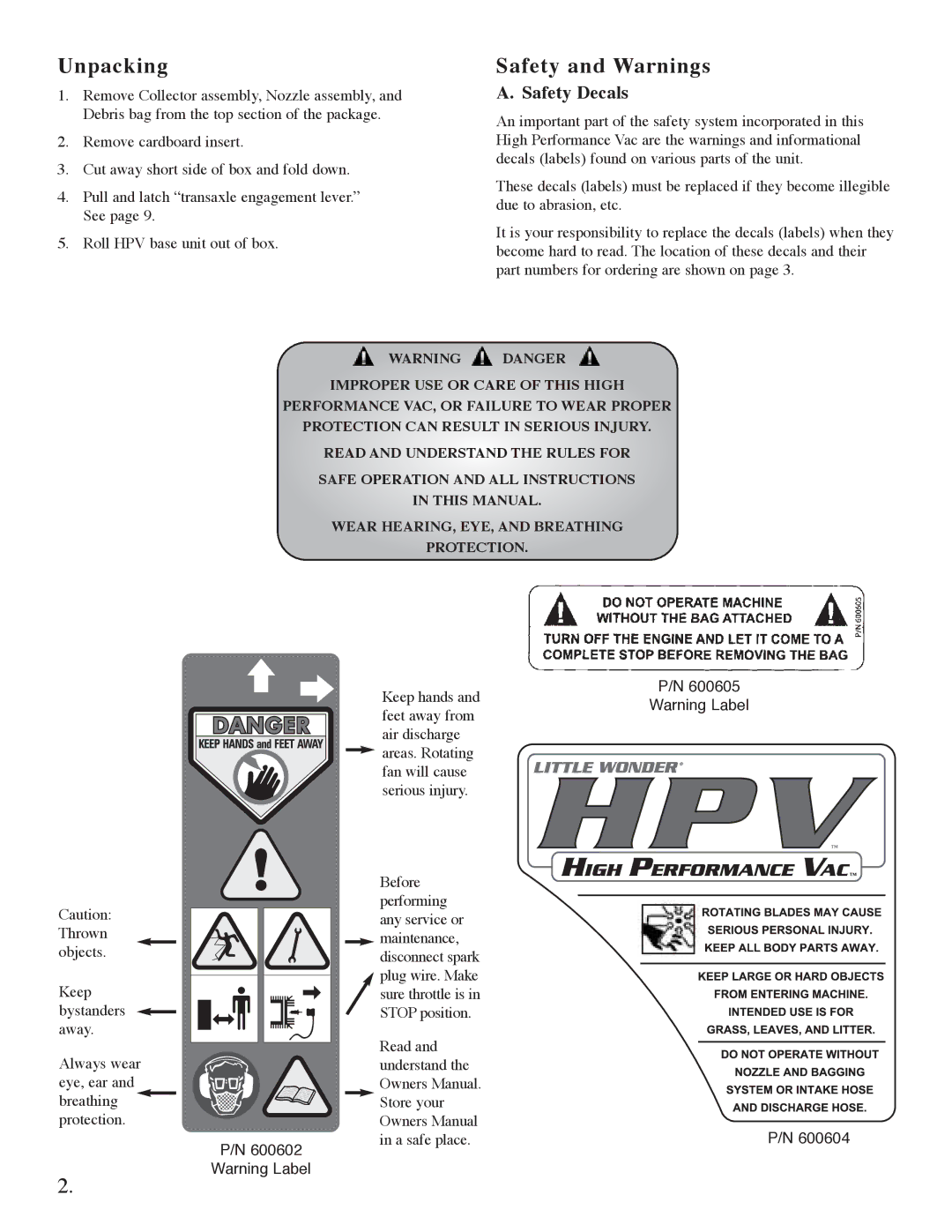 Briggs & Stratton 5631, 5621 manual Unpacking, Safety Decals 