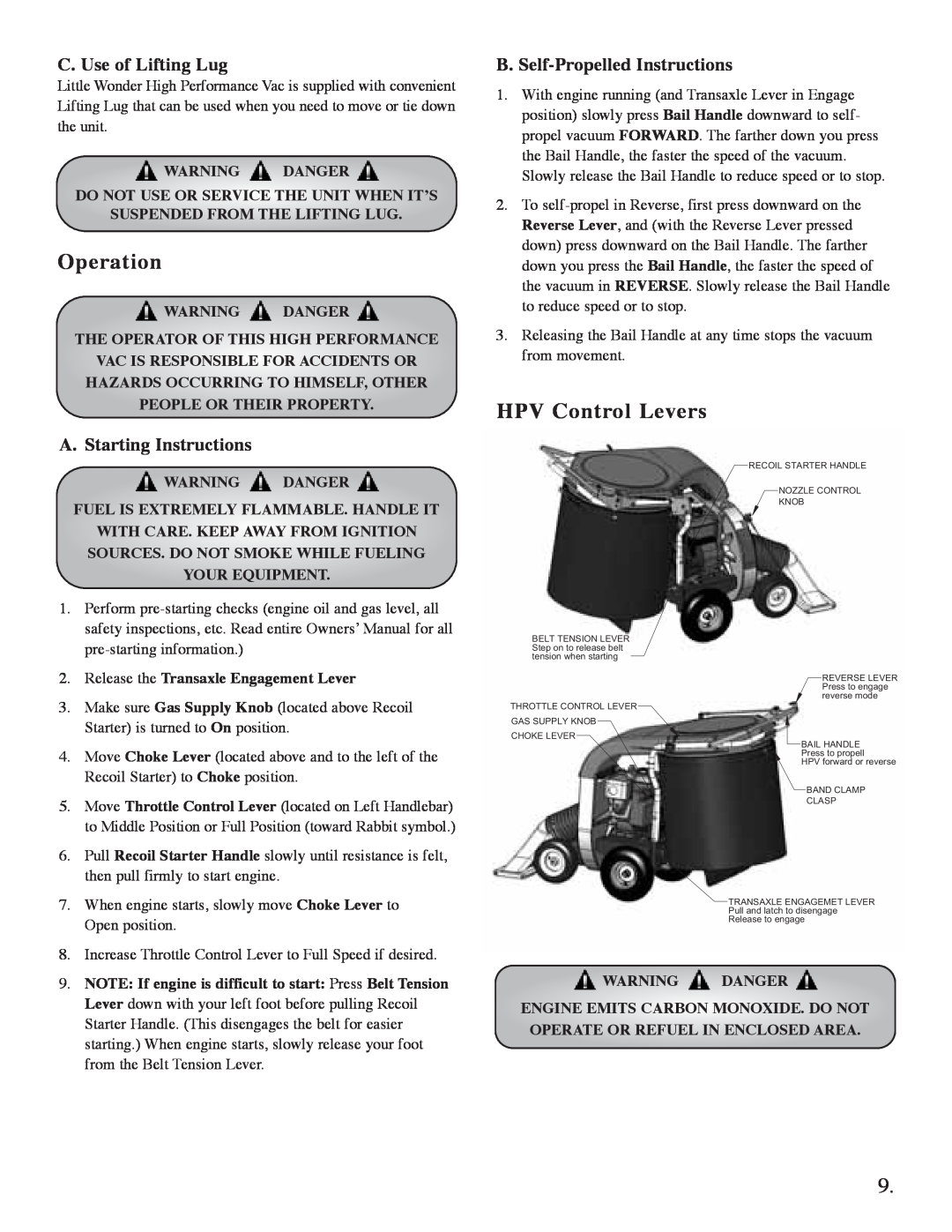Briggs & Stratton 5621 C. Use of Lifting Lug, A. Starting Instructions, B. Self-Propelled Instructions, Warning Danger 