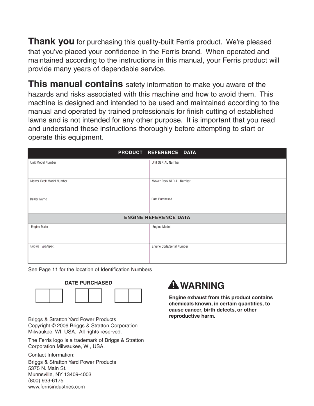 Briggs & Stratton 5900619 manual Date Purchased 