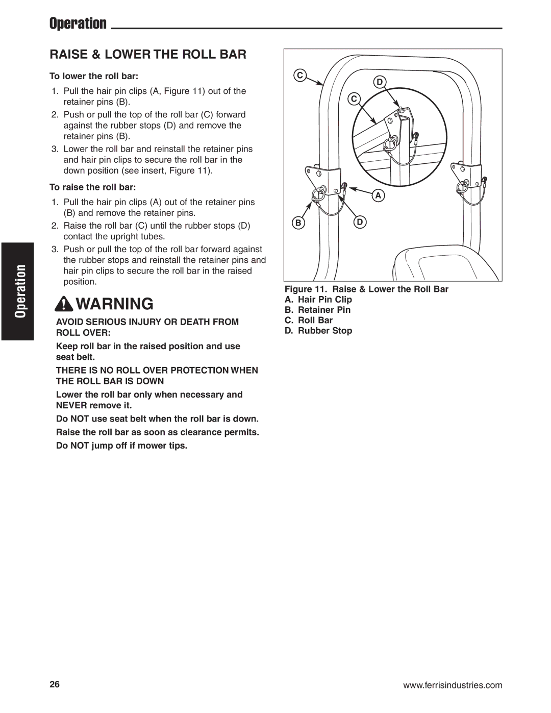 Briggs & Stratton 5900619 manual Raise & Lower the Roll BAR, To lower the roll bar, To raise the roll bar 