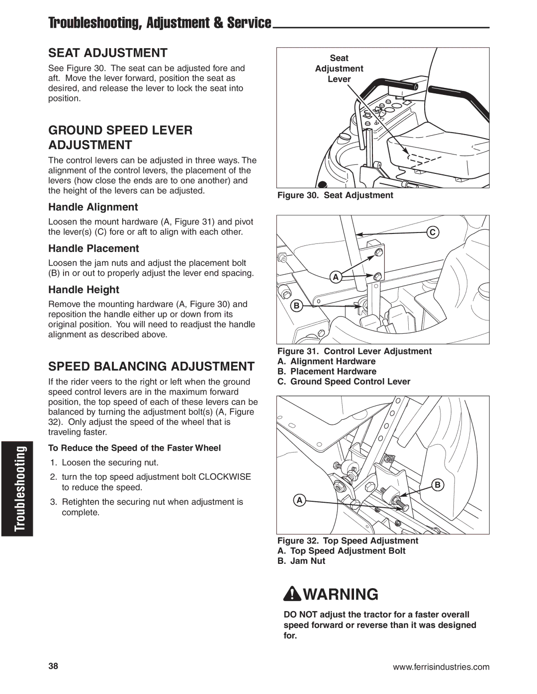 Briggs & Stratton 5900619 manual Seat Adjustment, Ground Speed Lever Adjustment, Speed Balancing Adjustment 