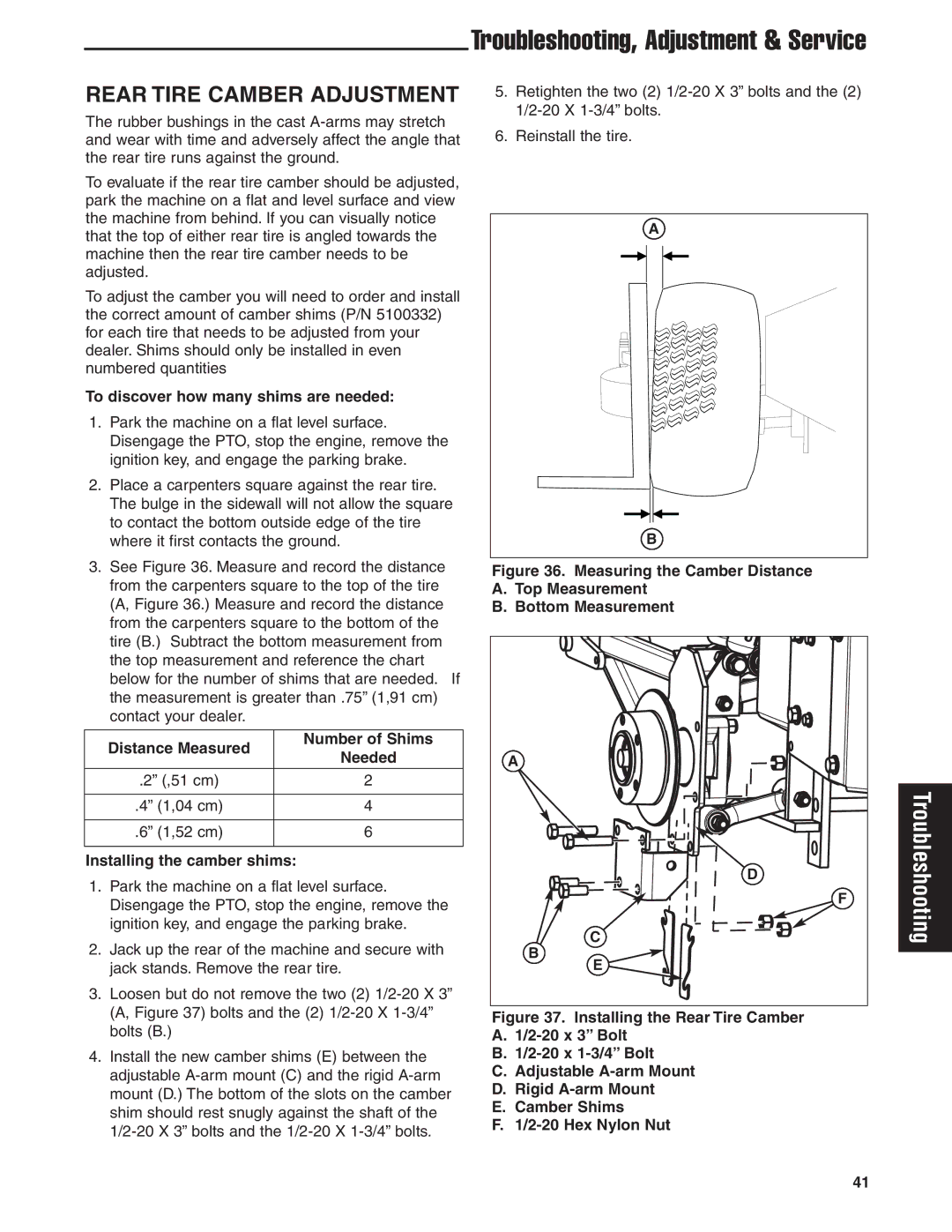 Briggs & Stratton 5900619 Rear Tire Camber Adjustment, To discover how many shims are needed, Installing the camber shims 