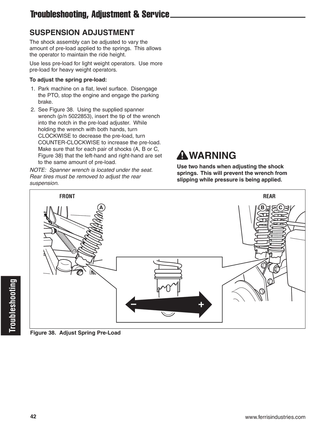 Briggs & Stratton 5900619 Suspension Adjustment, To adjust the spring pre-load, Use two hands when adjusting the shock 