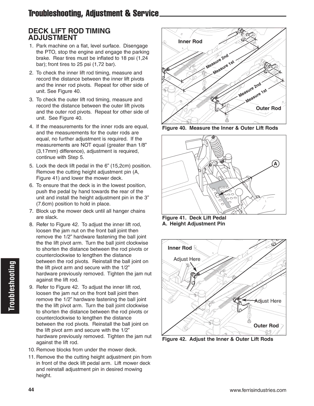 Briggs & Stratton 5900619 manual Deck Lift ROD Timing Adjustment, Inner Rod, Outer Rod 