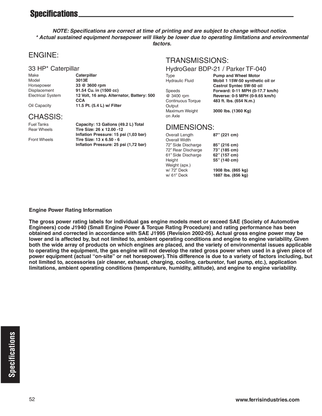 Briggs & Stratton 5900619 manual Specifications, Engine, Chassis, Transmissions, Dimensions 