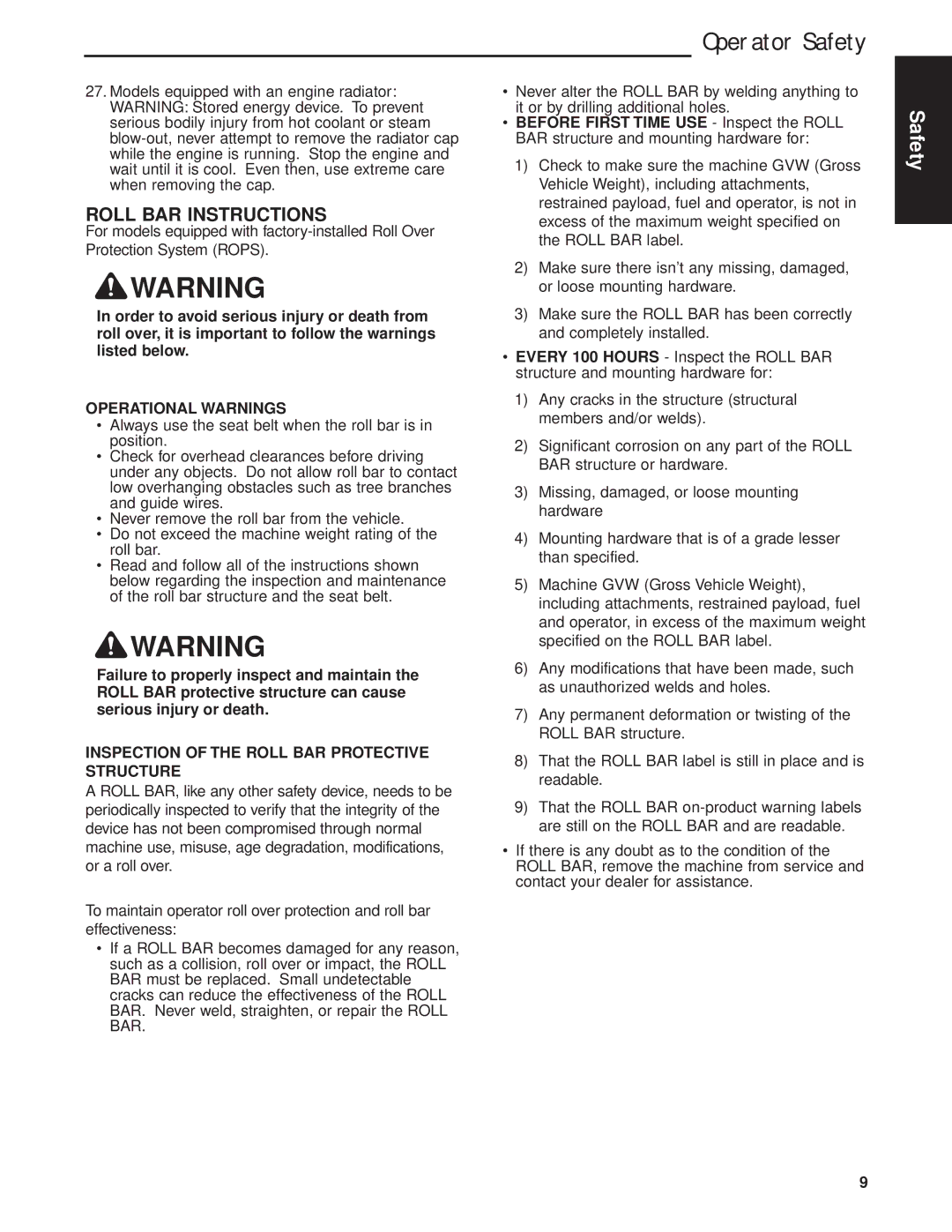 Briggs & Stratton 5900640 manual Roll BAR Instructions, Operational Warnings 