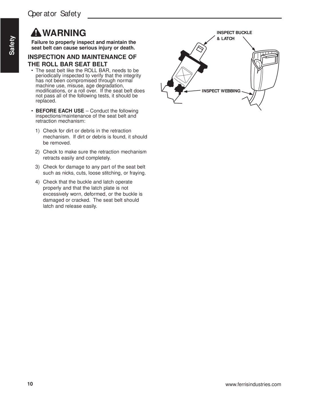 Briggs & Stratton 5900640 manual Inspection and Maintenance of the Roll BAR Seat Belt 