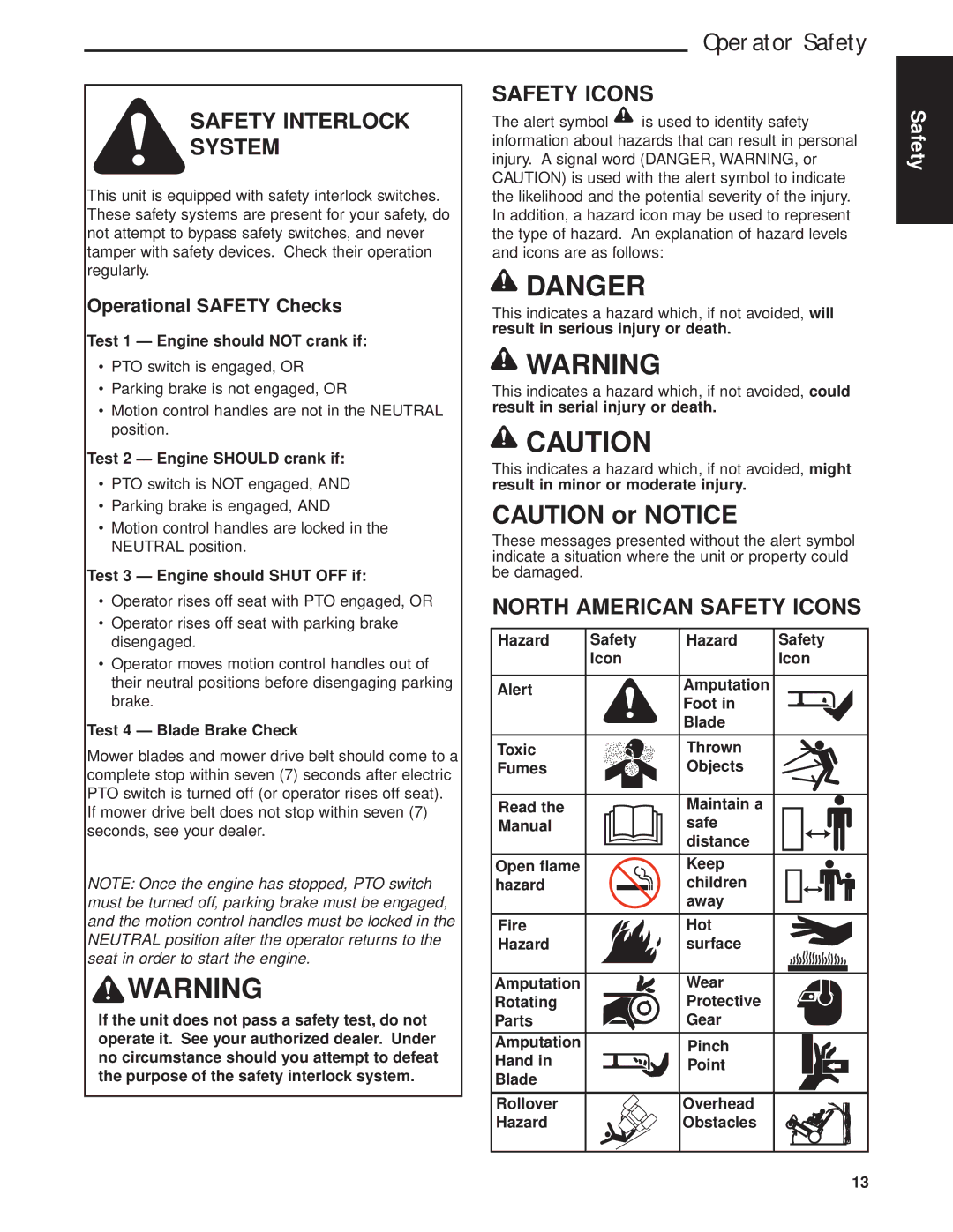 Briggs & Stratton 5900640 manual Safety Interlock System, North American Safety Icons, Operational Safety Checks 